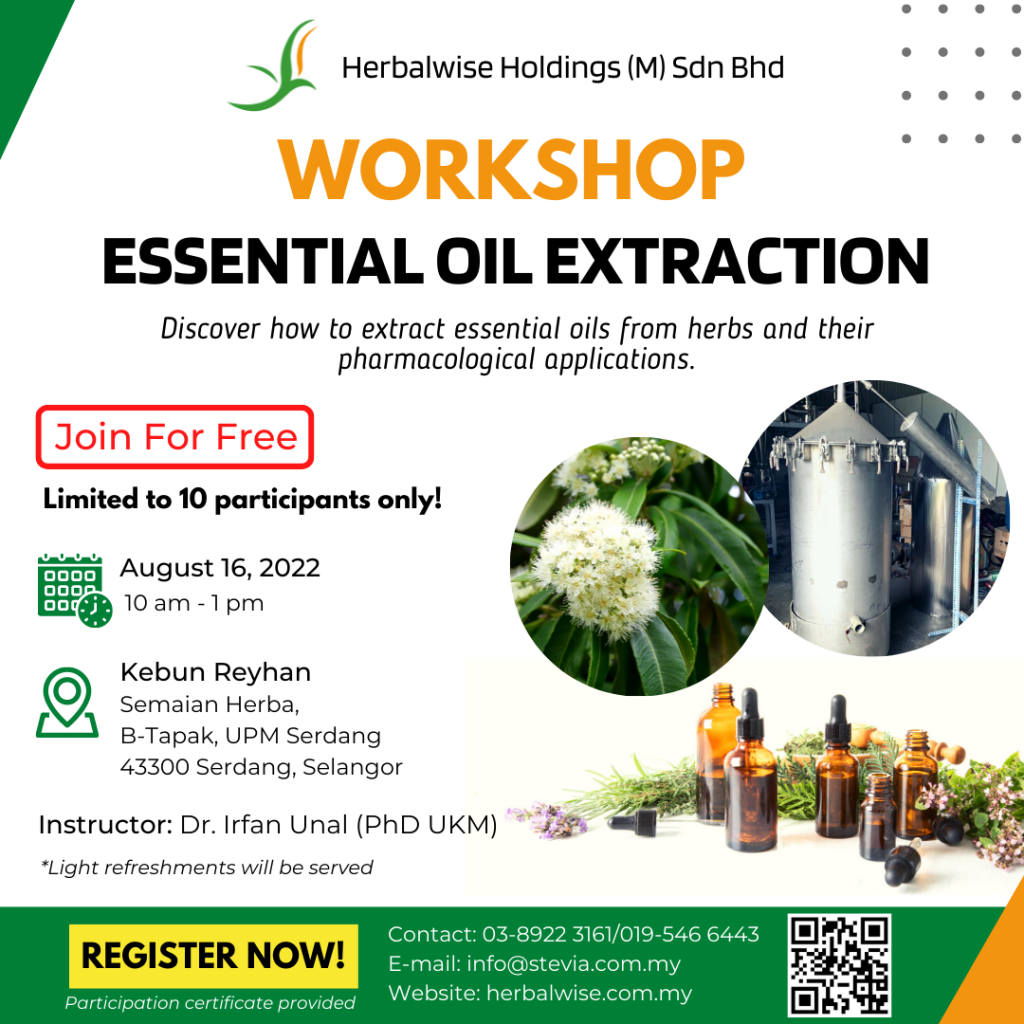 A worskshop event organized by Herbalwise Holdings (M) Sdn Bhd at Kebun Reyhan, UPM Serdang on essential oil extraction by Dr Irfan Unal using steam distillation
