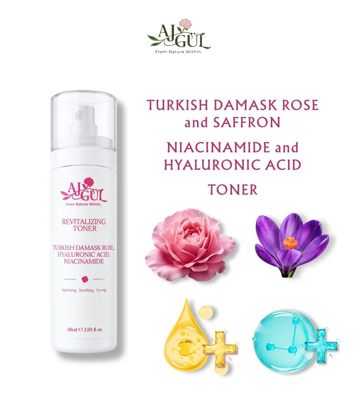 AJGUL Turkish Damask Rose Saffron Niacinamide Hyaluronic Acid Rejuvenating Toner 60ml