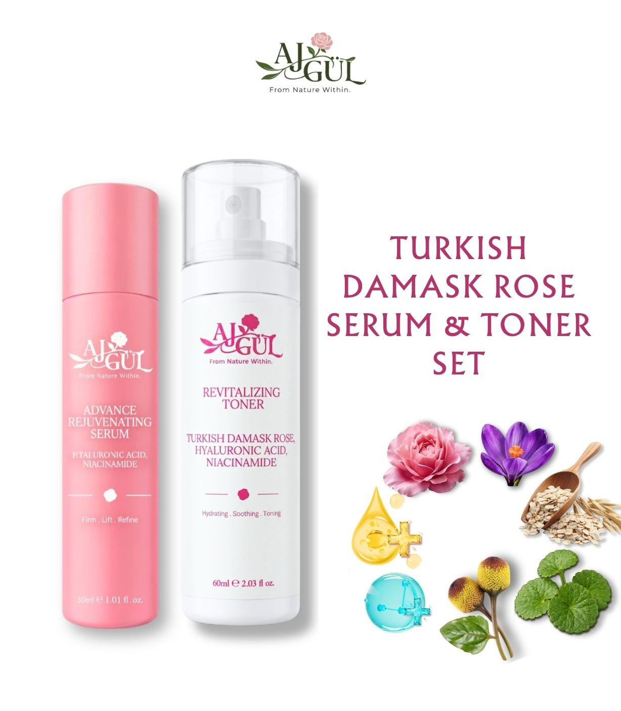 AJGUL Turkish Damask Rose Acmella Centella Revitalizing Serum 30ml & Turkish Damask Rose Saffron Rejuvanating Toner 60ml